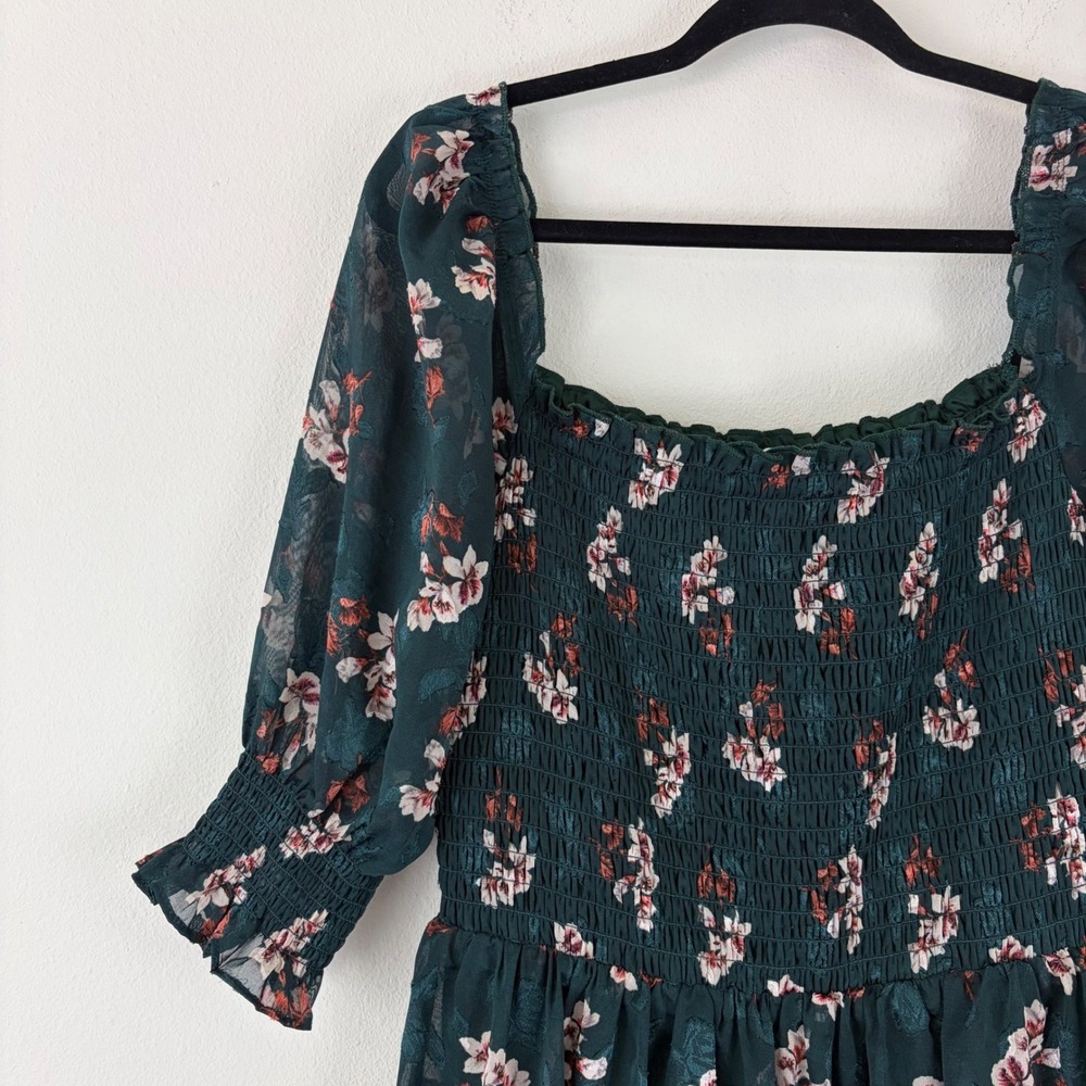 Cottagecore Green Midi XL Dress Boho Floral Feminine Smocked Tiered Chiffon - Picture 2 of 10